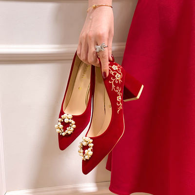 Summer Xiuhe Wedding Shoes for Women 2026 New style wine red thick heels, not tiring for pregnant women's feet, Chinese-style two-wear wedding shoes for brides
