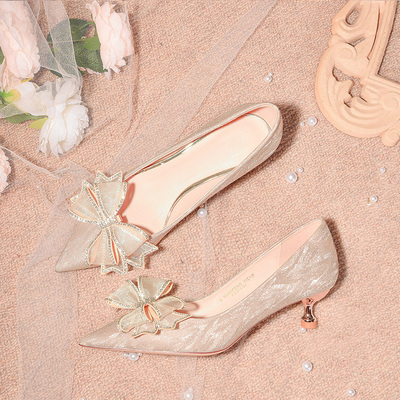 taobao agent Wedding shoes, footwear for bride with butterfly high heels, champagne color, for bridesmaid