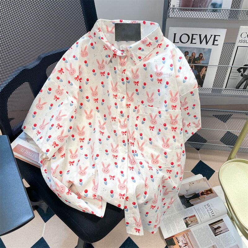 Extra Large Size Hawaiian Japanese-Style Cute All-Over Rabbit Print Floral Shirt for Women 150kg Preppy Chic Cardigan Top