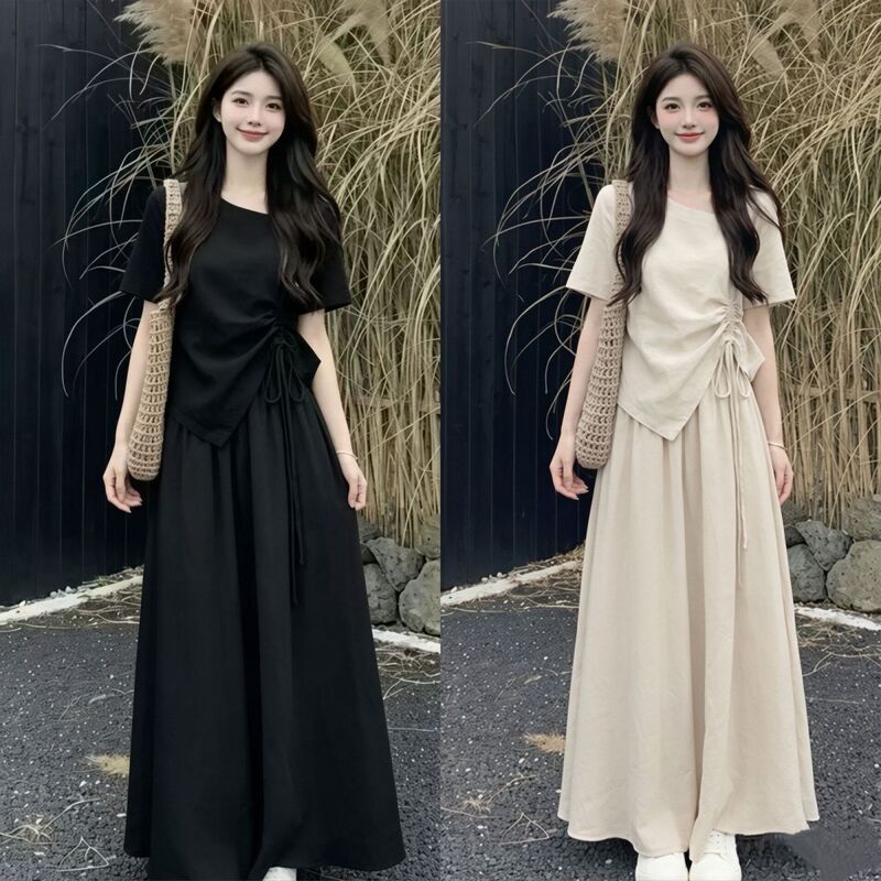 Plus-Size 150kg Summer Korean Style Elegant and Stunning Super-Popular Outfit with a Lazy Vibe, Lace-Up Waist-Cinching Short-Sleeve Long Dress Two-Piece Set