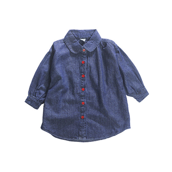 Japanese girls denim shirt dress long-sleeved doll collar spring and autumn shirt long children's baby trendy top