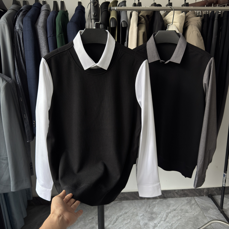 Confidence Hot Item ! Company Order! Men's Light Luxury Faux Two-Piece Shirt Collar Knitwear, Business Casual Versatile Sweater Confidence Hot Item ! Company Order! Men's Light Luxury Faux Two-Piece Shirt Collar Knitwear, Business Casual Versatile Sweater