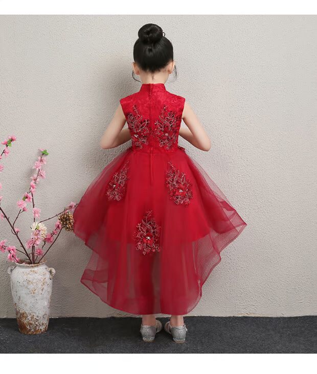 Đầm trẻ em váy đỏ cô gái nhỏ trailing công chúa váy bé trang phục mẫu catwalk dạ hội mùa hè quan ao tre em
