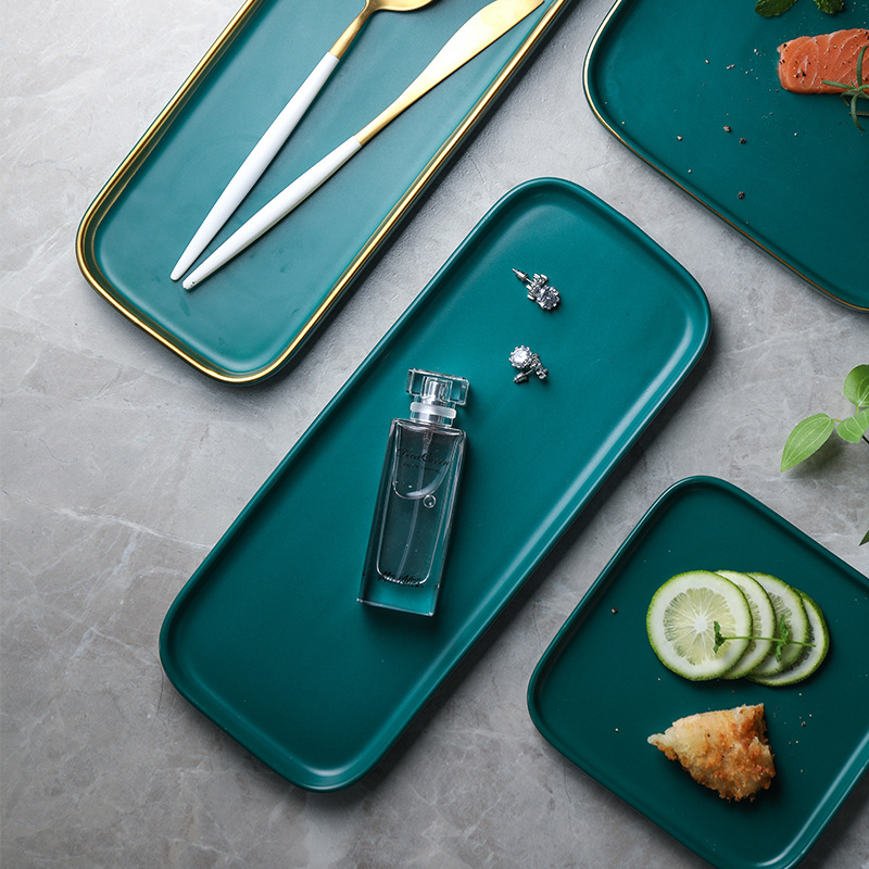 KaiGu malachite green ceramic plates rectangular plate creative household food dish plate retro up phnom penh beefsteak