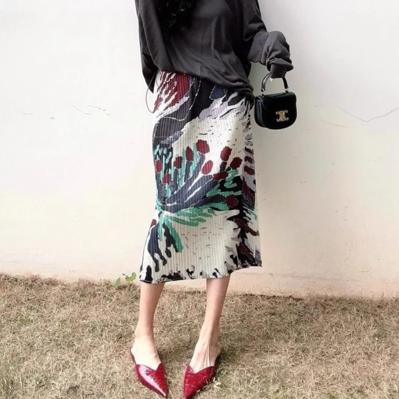 Luce Lummax Miyake Pleated Skirt Summer Thin Elastic Waist Printed Hip-Hugging Straight Pleated Skirt