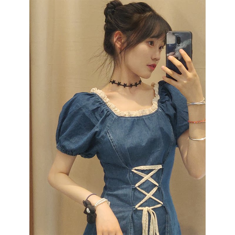 2022 new chic dating skirt women's summer design niche waist small French denim dress