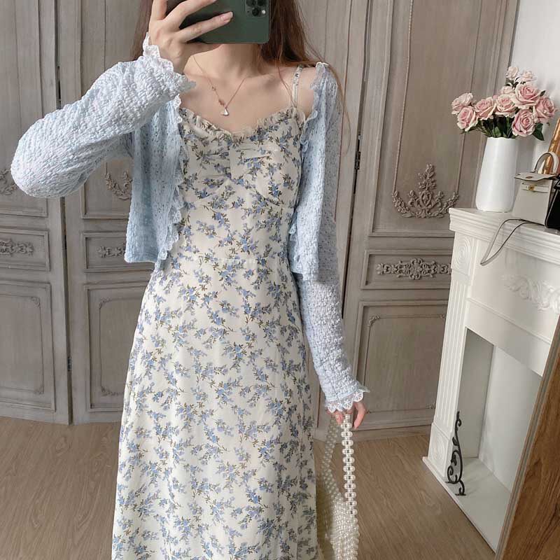 Summer new French style Broken Flowers Harness for women Don't touch Temperament Small Savor Superior Two Style Suit Skirt