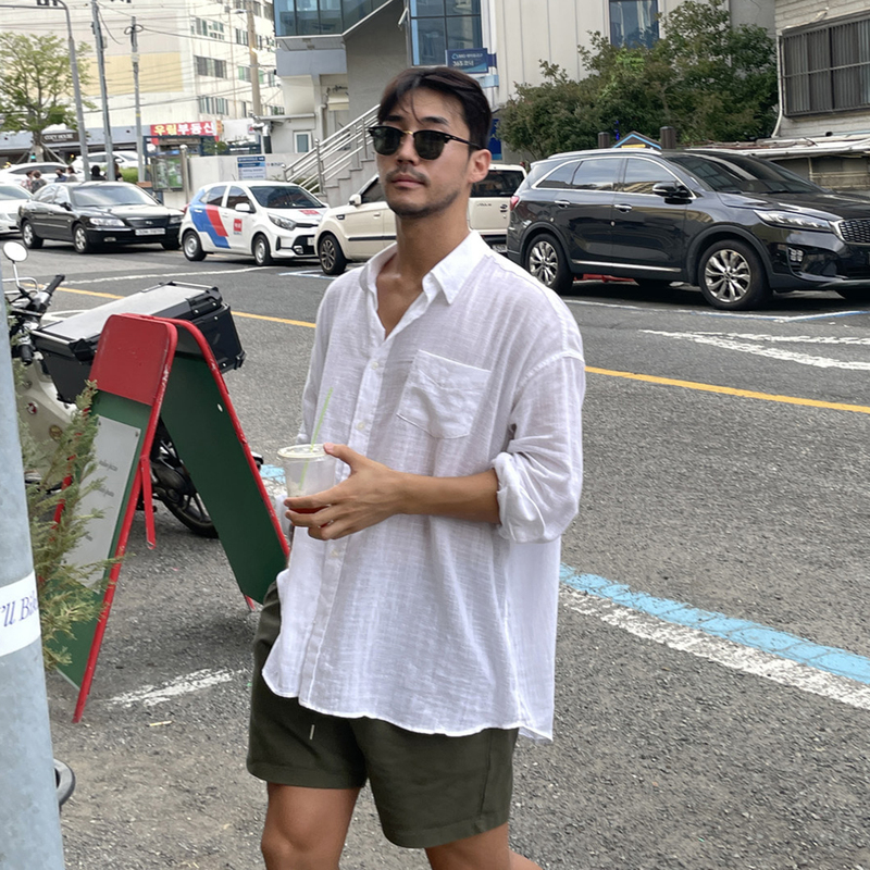 White High-End Cotton and Linen Feel Shirt for Men, Long-Sleeved, Thin for Spring and Summer, Loose Linen Shirt Jacket for the Beach, Trendy