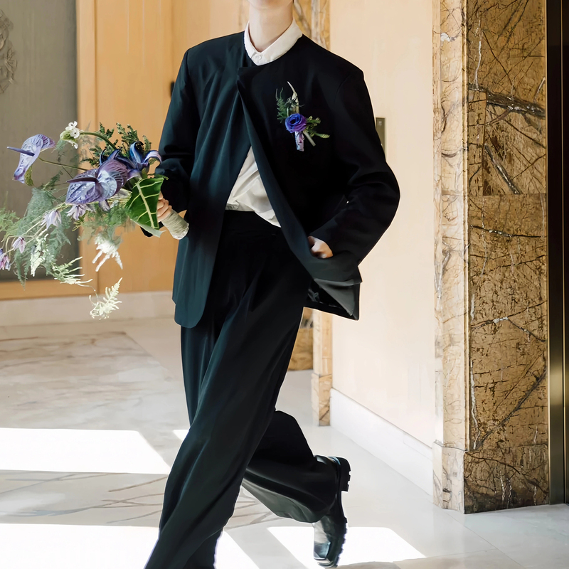 New Chinese Style Niche High-End Round-Neck Padded Shoulder Blazer for Men, Groom's Wedding and Engagement Collarless Suit Set