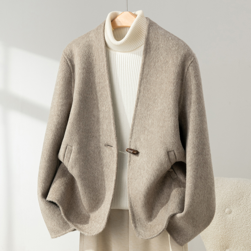 Autumn and Winter Light Luxury Style V-Neck Double-Sided Wool Coat for Women, Loose Woolen Outerwear, High-End Elegant Simple Cardigan Autumn and Winter Light Luxury Style V-Neck Double-Sided Wool Coat for Women, Loose Woolen Outerwear, High-End Elegant Simple Cardigan
