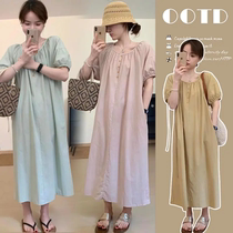 2024 new summer style round neck loose single-breasted solid color casual long skirt mid-length over the knee style slimming large size