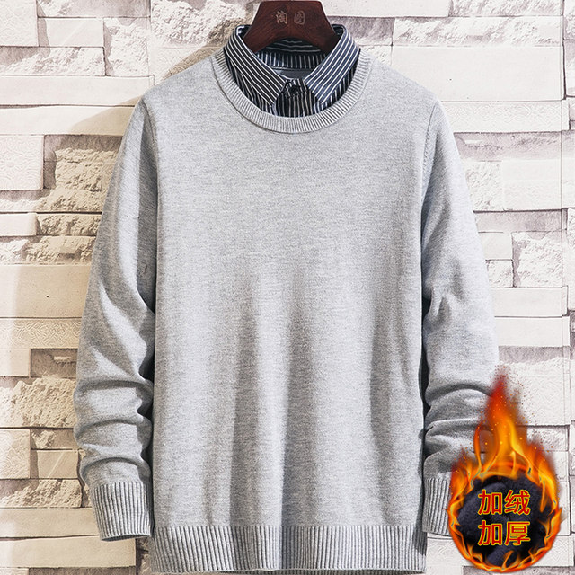 ເສື້ອຢືດຖັກແສ່ວຂອງຜູ້ຊາຍທີ່ອົບອຸ່ນບວກກັບ velvet ຫນາແຫນ້ນຂອງປອມສອງຊິ້ນເສື້ອຄໍ sweater ລະດູຫນາວຜູ້ຊາຍ pullover ຫນຸ່ມ bottoming ເສື້ອ trendy