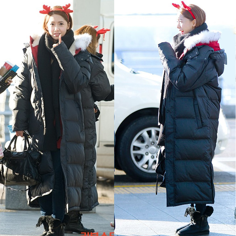 Limited time anti-season long-edition feather gown feather long knee super long winter new black down jacket couple medium and long version thick