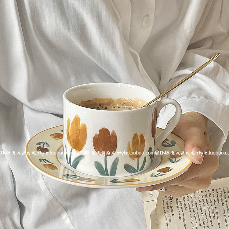(send spoon) ins spring retro tulip ceramic coffee cup and saucer set home afternoon tea cup latte