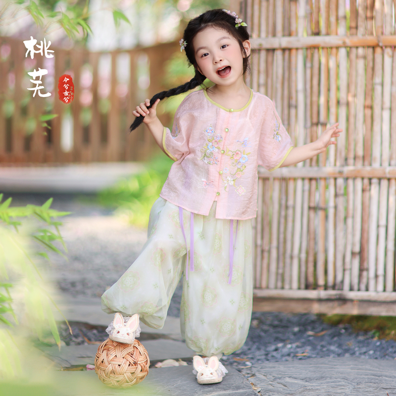 Xixijia Girls' Hanfu Summer New Style Children's New Chinese Style Short-Sleeved Suit Girls' Ancient Style Costume Peach Green