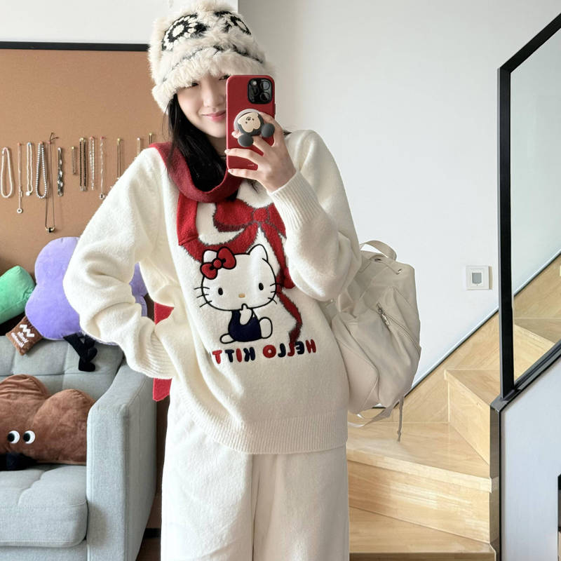 Zhang Ruonan's Same Style Hello Kitty Jacquard Sweater for Women 2025 New Lazy Style Cartoon Soft and Trendy