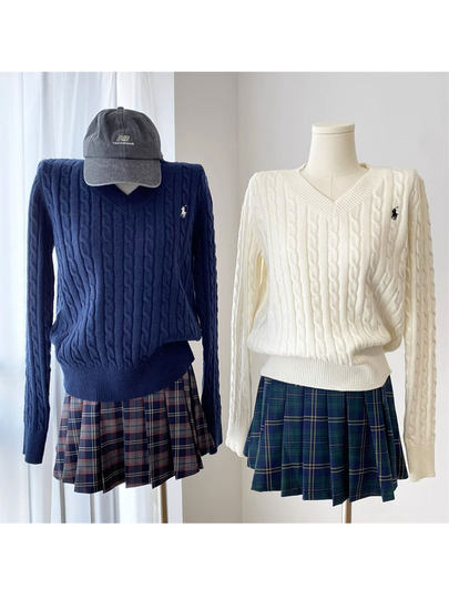 爆款callmeear//奶油麻花复古刺绣V领长袖针织毛衣初秋套头女上衣