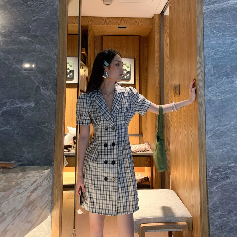 2020 phụ nữ mới mùa hè khí chất retro nhỏ váy đôi ngực kẻ sọc nữ phù hợp với váy - Váy eo cao