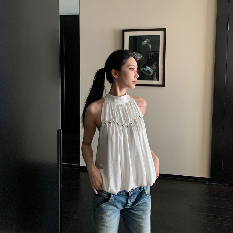 Xia Lan Xiyu Smbl Rain Rhinestone Design Halter Top Women's Sleeveless White High Neck Shirt 2025 Autumn Xia Lan Xiyu Smbl Rain Rhinestone Design Halter Top Women's Sleeveless White High Neck Shirt 2025 Autumn