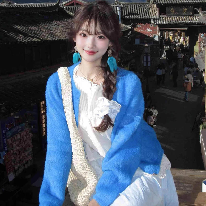 Korean Style Lazy Klein Blue Mohair Sweater Cardigan for Women, Spring and Autumn Soft and High-End Knitted Jacket