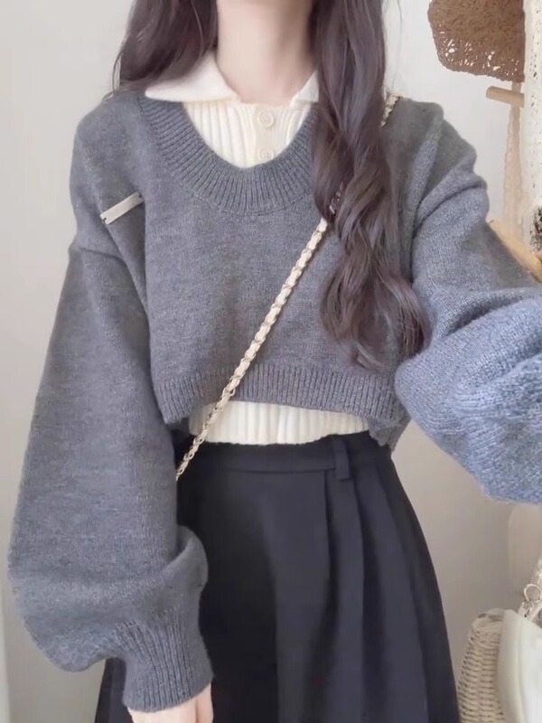 College Style Short Polo Collar Sweater for Women, Spring, Autumn and Winter, High-Waisted Design, Two-Piece Knitted Top, 2026 New Style College Style Short Polo Collar Sweater for Women, Spring, Autumn and Winter, High-Waisted Design, Two-Piece Knitted Top, 2026 New Style