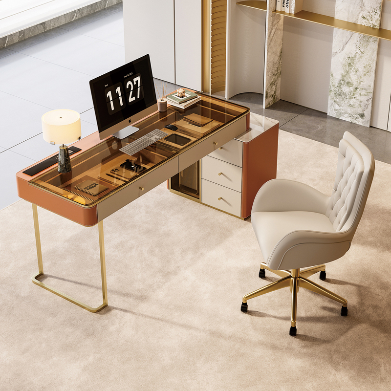 Modern Light Luxury Glass Desk with Solid Wood and High-End Metal Legs, Home Office Desk with Drawer Storage