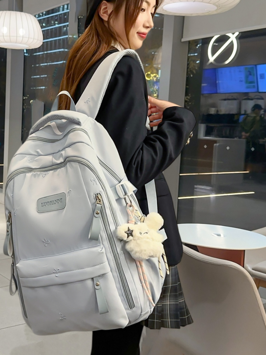 School Bag with Large Capacity, Multi-Layered, Unique Design, Embroidered Bow, Backpack for Middle School and College Students, Computer Bag