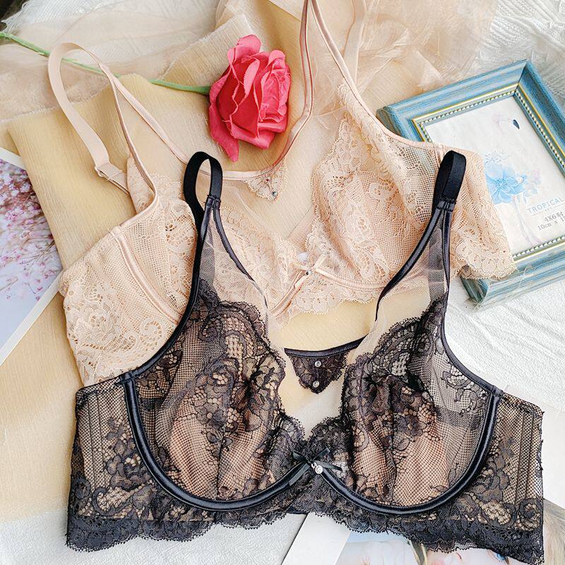 Ultra-thin bra with full cup cover, comfortable big breasts, small underwear, women's breasts, transparent lace, sexy soft steel ring, anti-convex