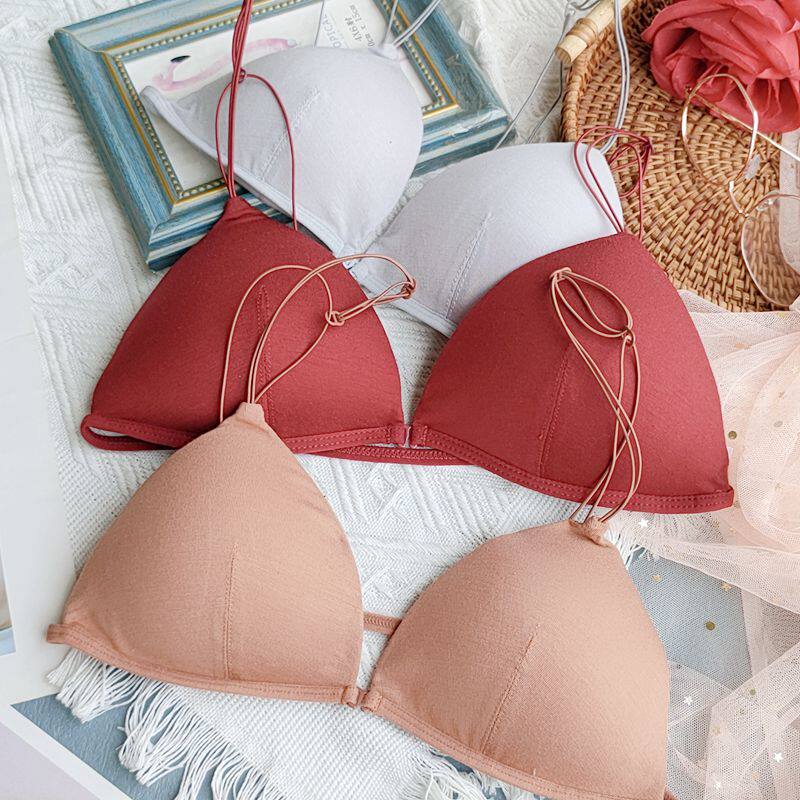 French bra skin color front buckle triangle cup thin shoulder strap beautiful back no steel ring summer red detachable chest pad thin underwear female