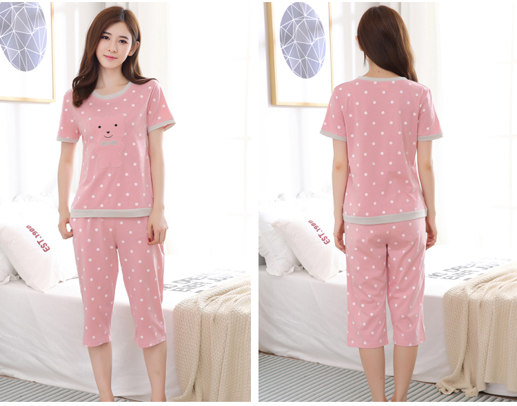 Đồ ngủ của Phụ Nữ Mùa Hè Thường Ngắn Tay Áo Bông Pyjama Quần Cắt Quần Cotton Đặt Hai mảnh Mùa Hè Mặc Nhà Mặc