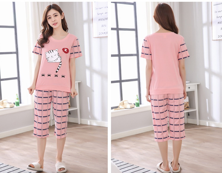 Đồ ngủ của Phụ Nữ Mùa Hè Thường Ngắn Tay Áo Bông Pyjama Quần Cắt Quần Cotton Đặt Hai mảnh Mùa Hè Mặc Nhà Mặc