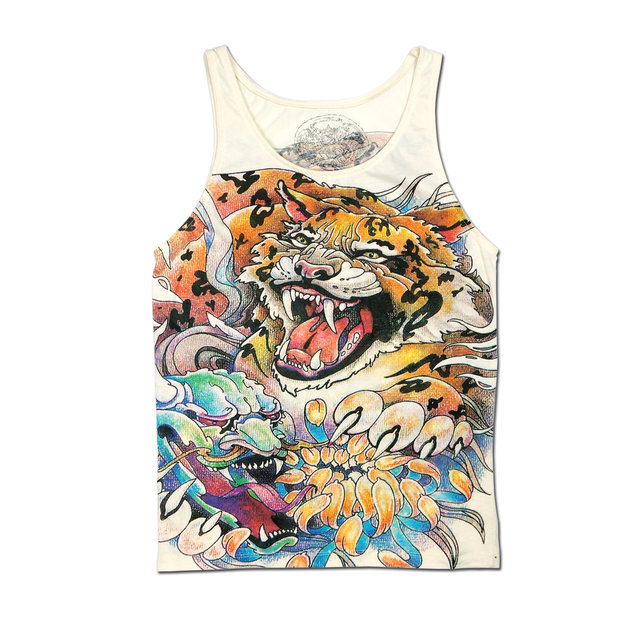 ເສື້ອກັນໜາວຜູ້ຊາຍຍີ່ຫໍ້ trendy ວ່າງ summer sling ຝ້າຍບໍລິສຸດມັງກອນ tiger carp ດອກຖະຫນົນສອງດ້ານພິມແສງສະຫວ່າງ beige