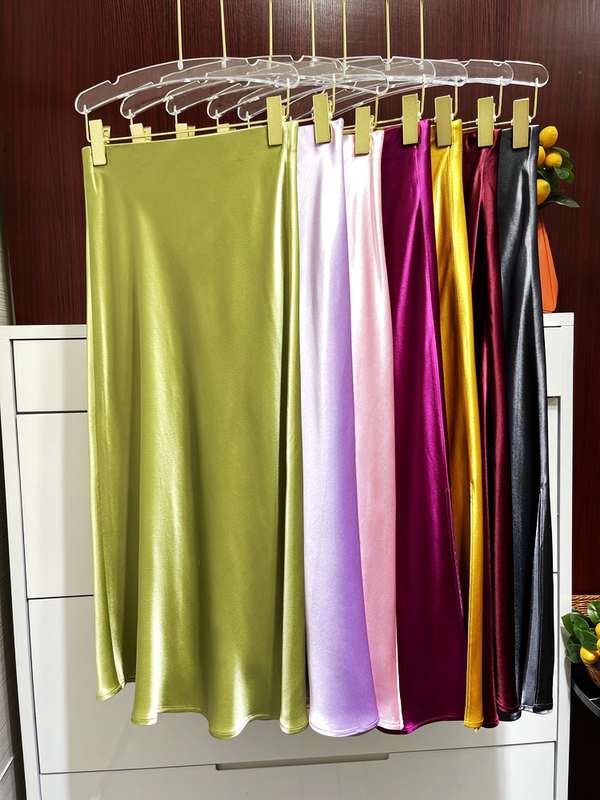 High-Waisted Acetate Skirt for Women, Mid-Length, Japanese Triacetate Satin Silk, Hip-Hugging Fishtail Slit Skirt, 12 Colors