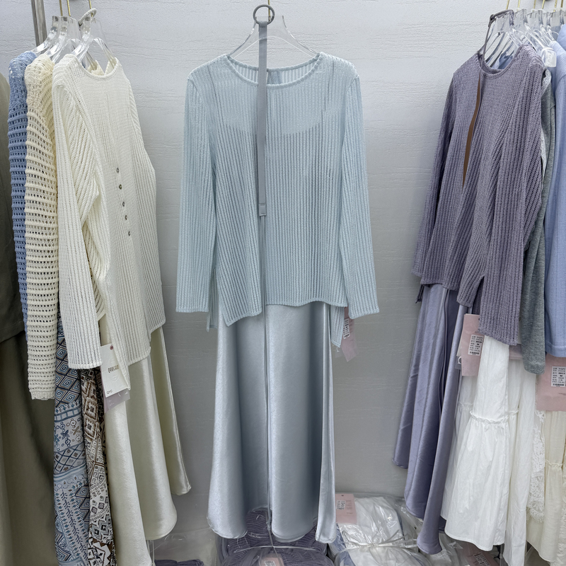 French Designer's Lazy and Elegant Style Loose Hollow Knit Cover-Up + Satin Slip Dress for Women in Summer