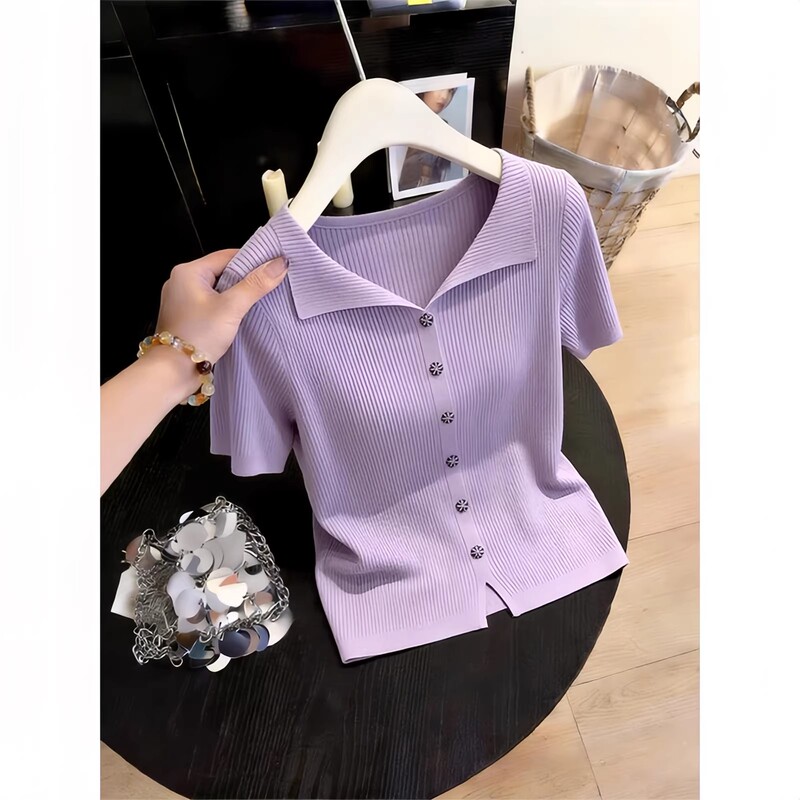 Korean Style Elegant Purple Collared Knit Top for Women, 2026 Summer Thin and Gentle Versatile Slimming Trendy Top
