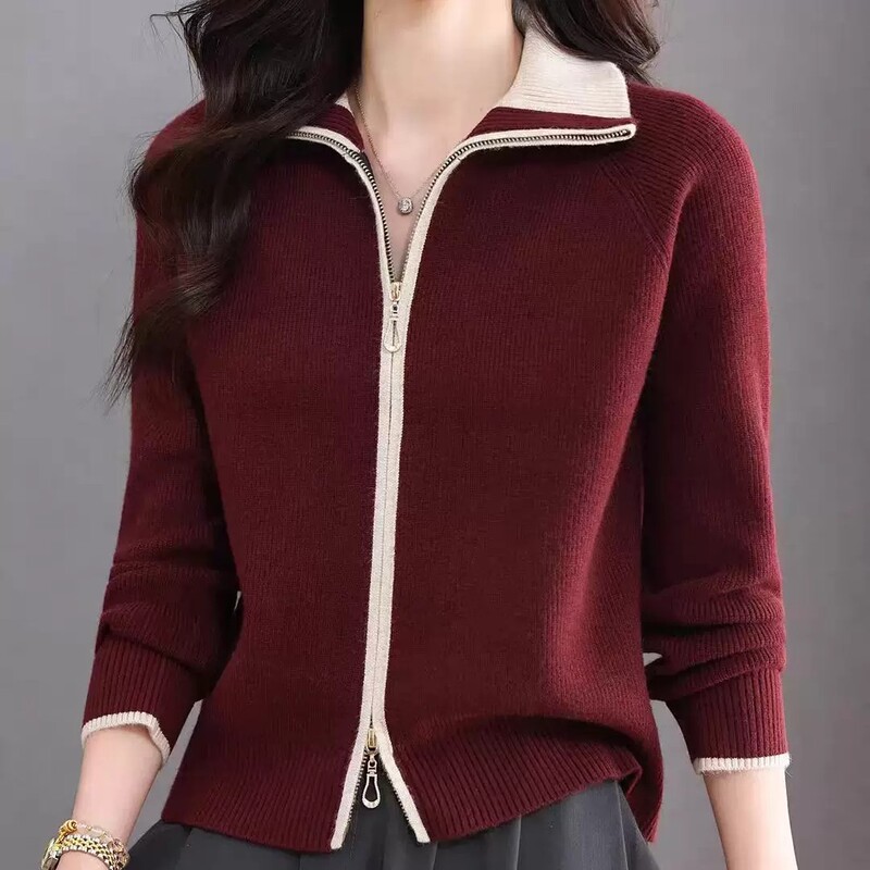 Collared Color-Block Zipper Knit Cardigan for Women, New Autumn and Winter Fashion Casual High-Quality Sweater Coat, Stylish Top Collared Color-Block Zipper Knit Cardigan for Women, New Autumn and Winter Fashion Casual High-Quality Sweater Coat, Stylish Top