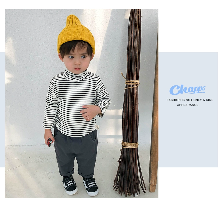 Áo thun trẻ em mùa đông mới cổ cao cộng với nhung nam trẻ em đáy quần bé áo sơ mi dài tay trẻ em sọc quần áo áo thun trẻ em