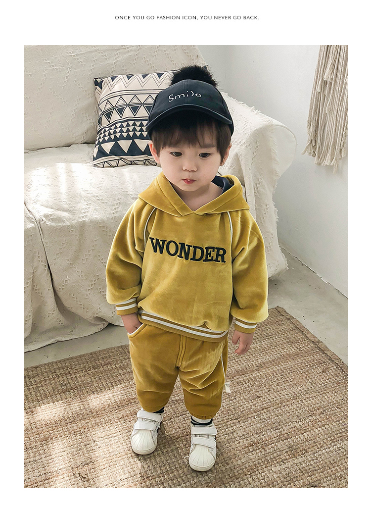 Bộ đồ bé trai nam phong cách nước ngoài cộng với áo len nhung đẹp trai quần hai dây mùa đông mới cho bé thời trang quần áo thủy triều quần áo cho bé trai
