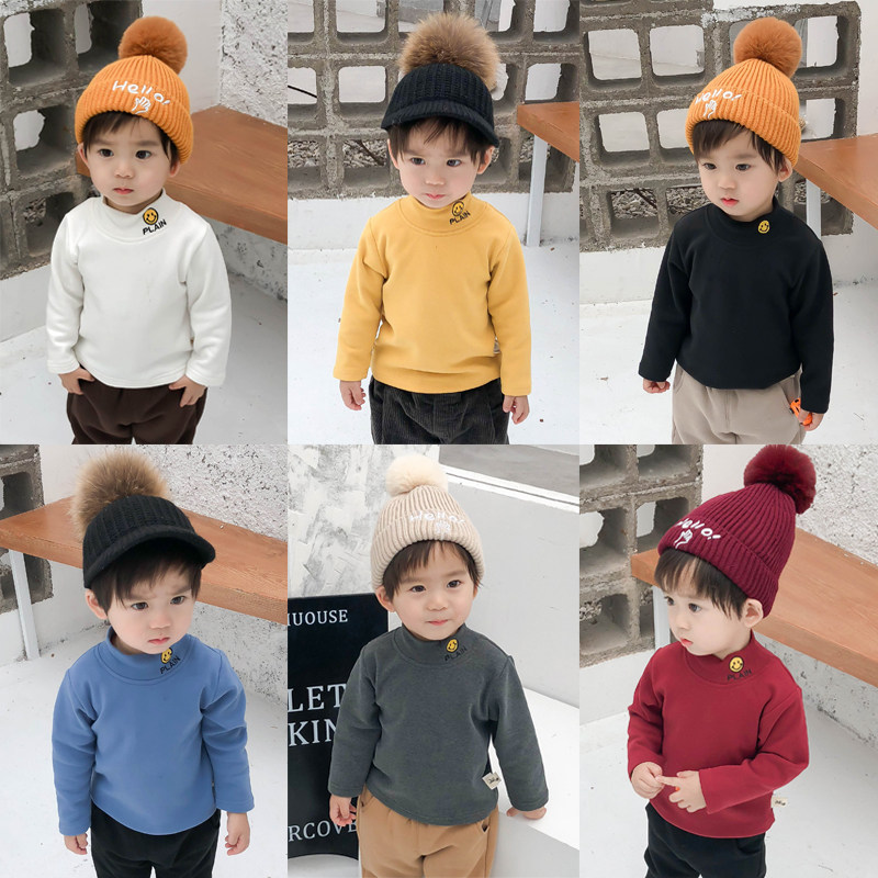 Baby T-shirt 2020 winter wear new half high collar plus velvet warm base shirt baby long sleeve top children tide clothes