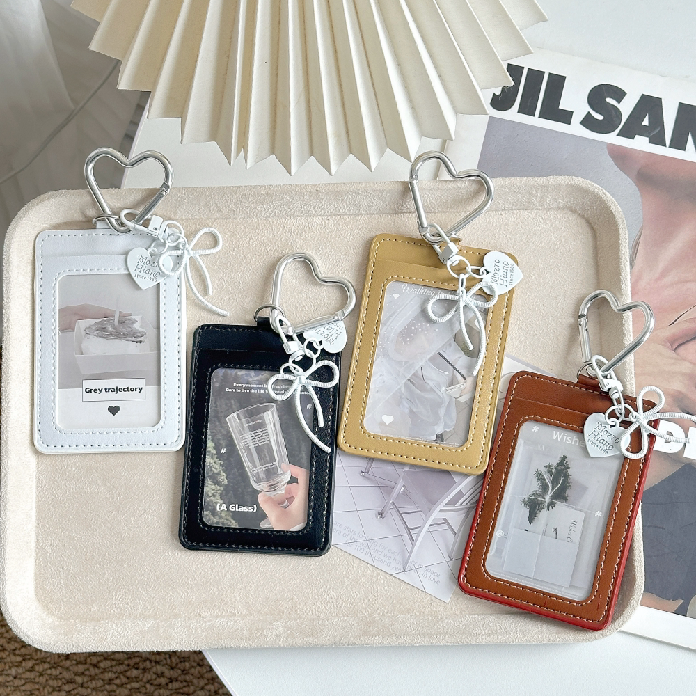 Bow-shaped heart-shaped two-slot leather card holder for instant cameras, 3-inch small cards, student campus bus cards, meal cards, access cards
