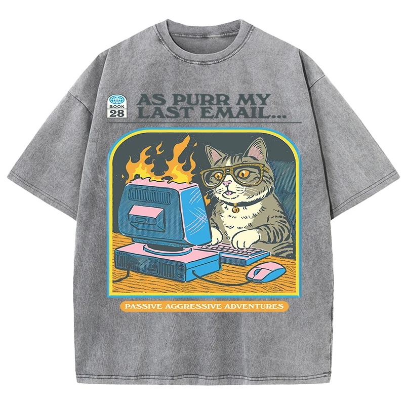 Cat Playing Video Games Printed T-Shirt, Unisex, Washed Casual Oversized Short Sleeves