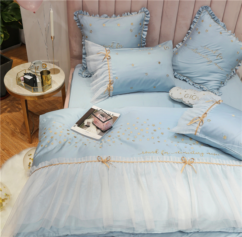 Princess style lace 60-count Egyptian long-staple cotton four-piece set Simple little star embroidery bowknot bedding