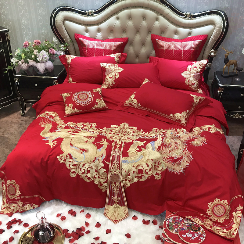 Chinese style big red wedding cotton four-piece set heavy industry embroidery dragon and phoenix cotton wedding bedding ten-piece set