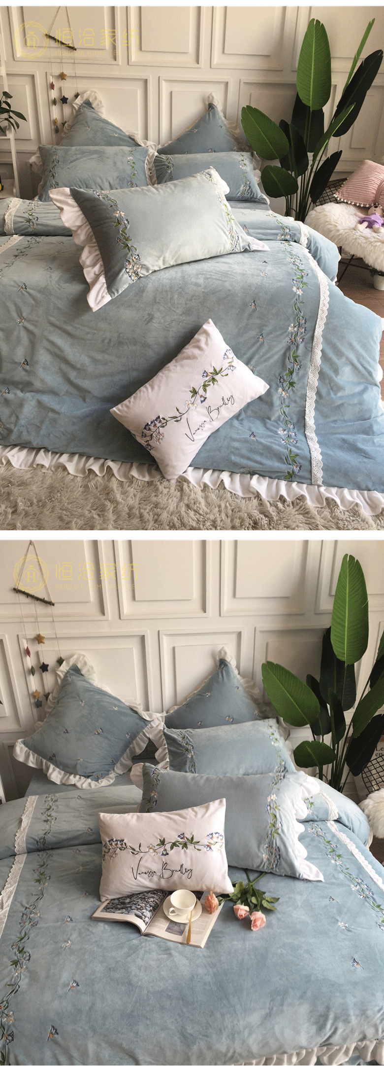 Công chúa phong cách váy ren mùa thu và mùa đông bé cashmere bốn mảnh mục vụ thêu gió dày nhung ấm giường - Bộ đồ giường bốn mảnh bộ chăn ga gối đệm cưới đẹp
