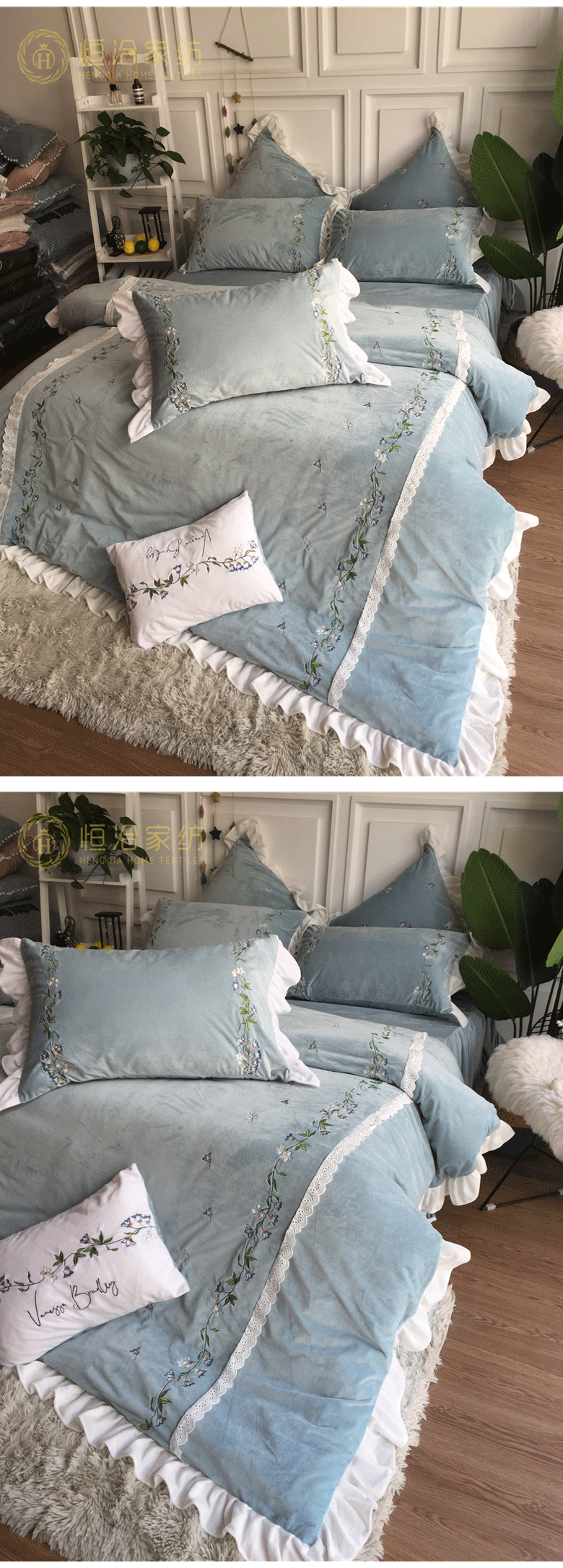 Công chúa phong cách váy ren mùa thu và mùa đông bé cashmere bốn mảnh mục vụ thêu gió dày nhung ấm giường - Bộ đồ giường bốn mảnh bộ chăn ga gối đệm cưới đẹp