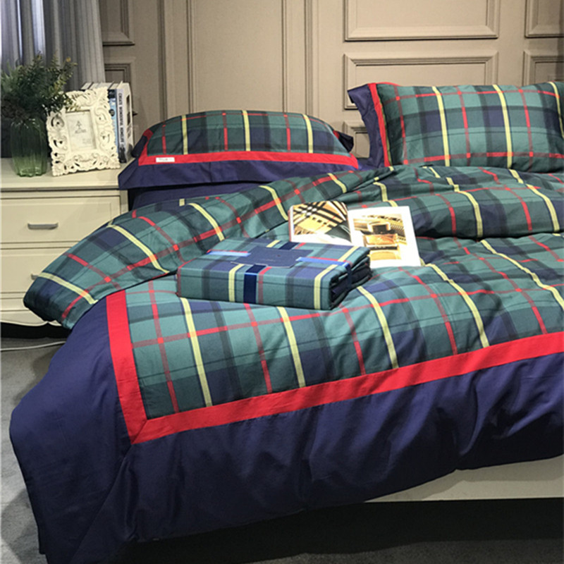 Simple 60-count long-staple cotton satin four-piece set, all-cotton dark green plaid men's neutral cotton bedding