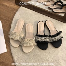 Trendy brand lace open-toe flip-flops for women 2024 summer new style outer wear temperament gentle fairy flat sandals