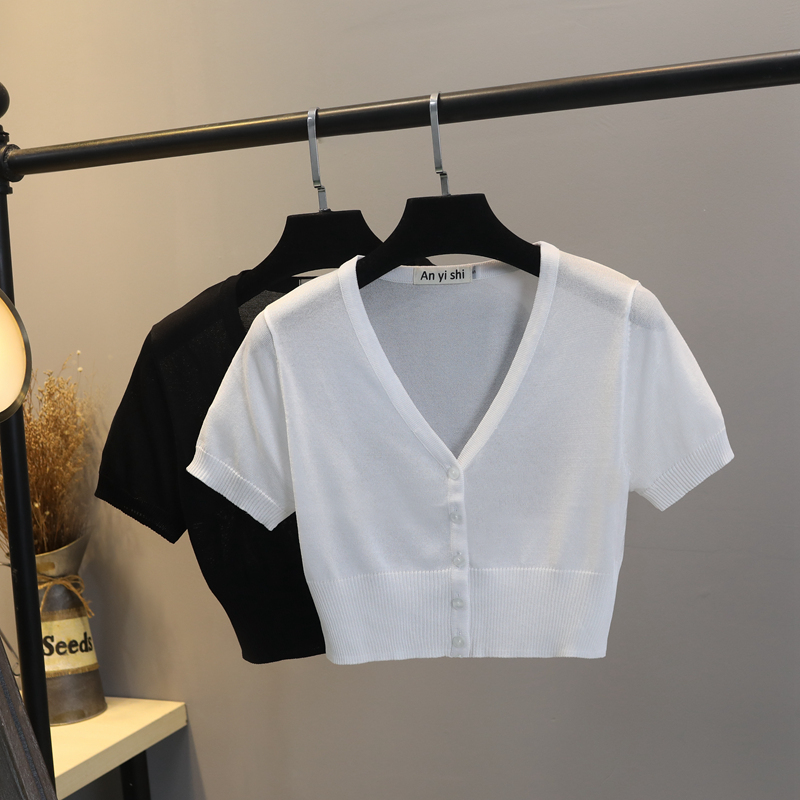 Short-Sleeved Knitted Cardigan for Women, Summer Ultra-Short Style, New Slim Fit, Thin Tencel High-Waisted Outerwear, Sun Protection Shawl