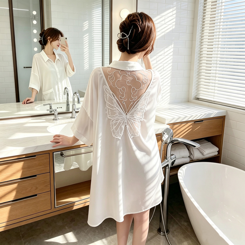 Sexy Pajamas for Women, Summer Boyfriend-Style High-End Shirts That Can Be Worn Outside, Thin Lace Ice Silk Shirts, Long Nightgowns Sexy Pajamas for Women, Summer Boyfriend-Style High-End Shirts That Can Be Worn Outside, Thin Lace Ice Silk Shirts, Long Nightgowns