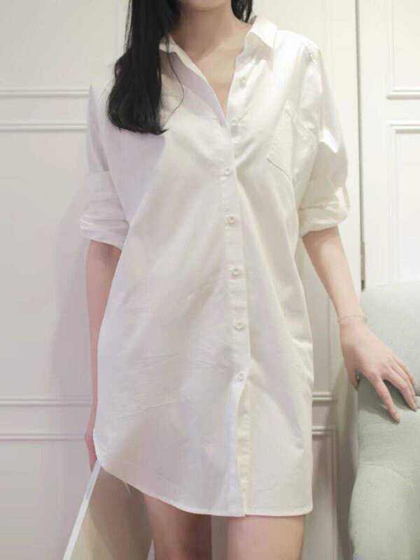 White Shirt for Women, Mid-Length Long-Sleeved Shirt, Korean Style Casual Boyfriend Style, Sexy Pajamas, Loose Top for Outerwear